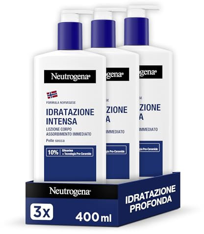 Neutrogena Formula Norvegese Lozione Corpo Idratazione Intensa, Crema corpo per 72h di nutrimento, Crema idratante corpo 10% Glicerina, Crema corpo idratante pelle secca, 3 x 400 ml – Esclusiva Amazon