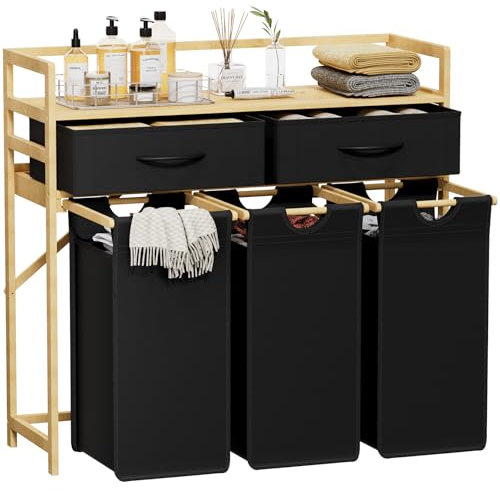Lifewit Wäschekorb 3 Fächer, 120L Wäschesammler mit Ablage und 2 Schubladen, Wäschesortierer, Wäsche Sortiersystem, Wäschetonne, Wäschetruhe mit Abnehmbarer Wäschesack, Schwarz