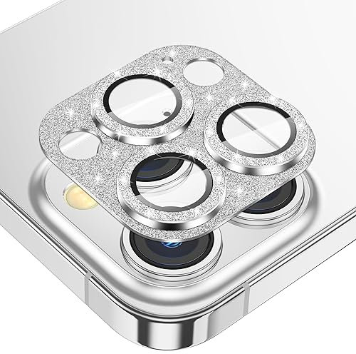 Fewdew Kameraschutz für iPhone 15 Pro/iPhone 15 Pro Max,9H Gehärtetem Glas [HD-Klarheit] [Anti Kratzen], Metallring Kamera Schutzfolie für iPhone 15 Pro/15 Pro Max,Silber Glitzer