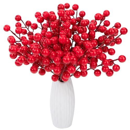 Jesustree Bacche Rosse Artificiali, 24 Pezzi Artificiale Bacca Rossa Bordeaux, Agrifoglio Bacche Rosse Rami Bacche di Natale Steli per Albero di Natale, Casa, Artigianato, Vacanza, Decorazione