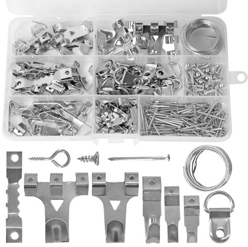 250PCS Picture Hooks for Hard Walls Picture Hanging Kit Heavy Duty Picture Frame Hangers Set with Picture Hanging Wire, Nails, Sawtooth Hangers, D Ring, Screw Eyes, Silver