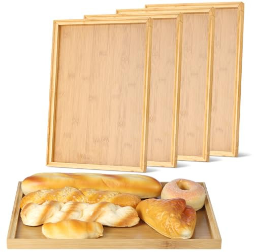 CODOHI 5 Pack Rectangular Bamboo Serving Trays, 37x26cm Bamboo Dinner Food Trays for Eating Wooden Party Platters for Food, Drinks, Snacks