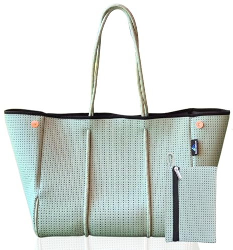 SACKTORLEX BOLSO PLAYA Mujer Grande Impermeable+Pouch INCLUIDO-bolsa playa de mano TOTE BAG tela Neopreno con cierre Mágnetico Ligero y Multiusos para Piscina, Playa, Trabajo y Viaje (MINT)
