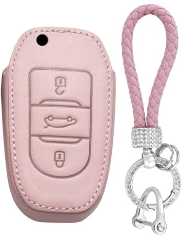 TECART Autoschlüssel Hülle Leder Schlüsselhülle Passt für Peugeot 308 508 3008 4008 5008 für Citroen C3 C4 DS3 DS4 für Opel 3 Tasten Schlüsselgehäuse Schlüsselbox Cover Schlüsselanhänger -Bling Rosa