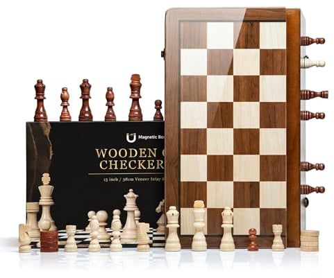 Barpre Wooden Chess Set (2 in 1) - 15 Magnetic Chess Board Game for Adults & Kids - Large Folding Travel Draughts/Checkers Set with Storage Slots & 2 Extra Queens (39cm)