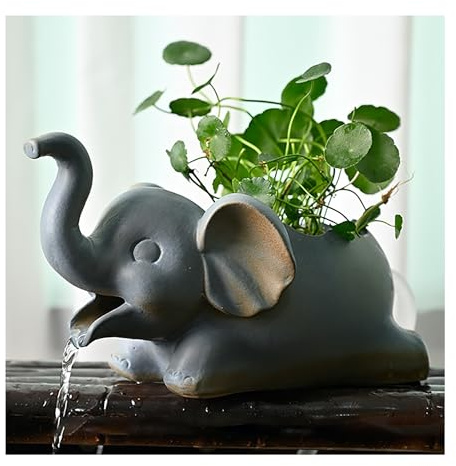 Fontaine cracheuse en céramique Lucky Elephant Fontaine à Circulation d'eau, Ornement pour Bassin à koï, Jardin, terrasse et Jeux d'eau extérieurs (Pompe Non Incluse)(Blue-Gray)