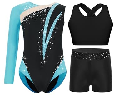 Yruioon 3Pcs Mädchen Turnanzug Glitzer Gymnastikanzug Ein-Schulter Langarm Ballettanzug + Sport BH Tops + Shorts Gymnastik Leotard Tanz Outfit