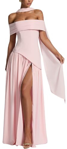 AOWVUTS Vestido Largo para Mujer Elegante Vestidos de Fiesta Hombros Descubiertos Sexy Maxi Vestido sin Espalda con Abertura Vestidos Formal de Noche Ajustado con Bufanda para Ceremonia Boda