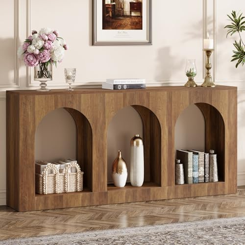 Tribesigns Konsolentisch, 160 cm Holzeingangstisch für Regal Hinter Sofa, Konsolentisch Holz mit 3 Gewölbten Stauraum, Konsolentisch Schmal für Diele, Flur, Wohnzimmer, Rustikales Braun