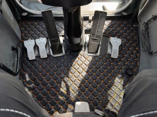 Tapis de sol pour LIEBHERR 910-936 pelle sur roues pelle en cuir, similicuir de haute qualité piqué avec coutures colorées (noir avec coutures néon orange)