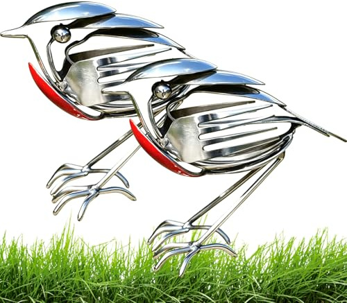 FYKTIK Metal Robin Garden Ornament, Handmade Robin Bird Sculpture, Rustic Fork and Spoon Scrap Metal Art Decor for Home, Garden and Patio, Unique Gift for Bird Lovers (2PCS)