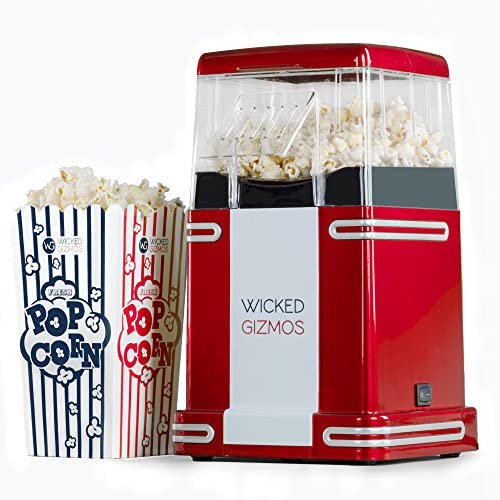 WICKED GIZMOS Red Electric 1200W Retro Popcorn Maker - Make Delicious Healthy Fat Free Hot Air Popped Cinema Popcorn at home in just 3 minutes – Complete with 6 Serving Boxes and Butter Scoop