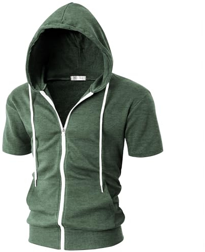 OHOO Männer Slim Fit Short Sleeve Leichte Zip-Up Hoodie Mit Kanga Tasche Dcf007-Jade-Grün-Large