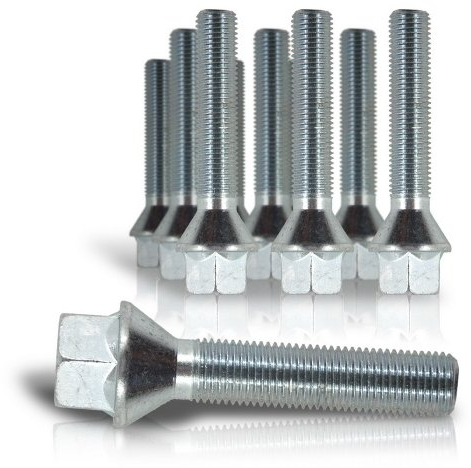 JOM Car Parts & Car Hifi GmbH 770010 Kit de 10 Vis, Boulons, boulonnerie longue M 12 x 1,5 60 mm pour les cales d'élargissement de voie de roue, jante, boulonnerie Assise / collet conique - Qualité Allemande.