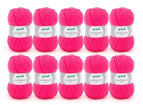 Gründl Wolle Lisa Premium uni - 10 x 50 g - Wolle zum Häkeln - Wolle zum Stricken - 100 % Polyacryl- Weich & Pflegeleicht- Nadelstärke 3,5-4,5 - Neonpink