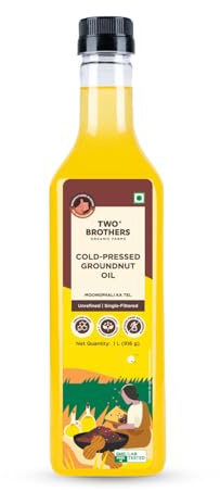 Two Brothers India Farms Certified Glyphosate Free Groundnut Oil 1L | Cold Pressed Kacchi Ghani | Unrefined, Single-Filtered | Natural Shengdana Oil for Cooking & Frying | Rich Nutty Aroma
