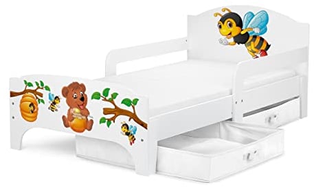 Leomark SMART Kleinkinderbett aus Holz - Honig und Bär - Kinderbett mit Schubladen für Bettwäsche, Einzelbett mit Matratze, Stauraum, Rausfallschutz Lattenrost, Liegefläche 140 x 70 cm, UV-Druck