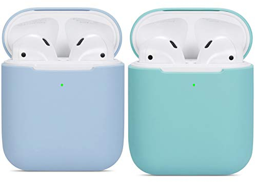 kompatibles Airpods Hülle,Watruer 2er-Pack Ultra-dünnes, weiches Silikon, stoßfestes, rutschfestes Zubehör Zubehör Hülle für Apple Airpods 2 & 1-Ladekoffer - Hellblau + Grün