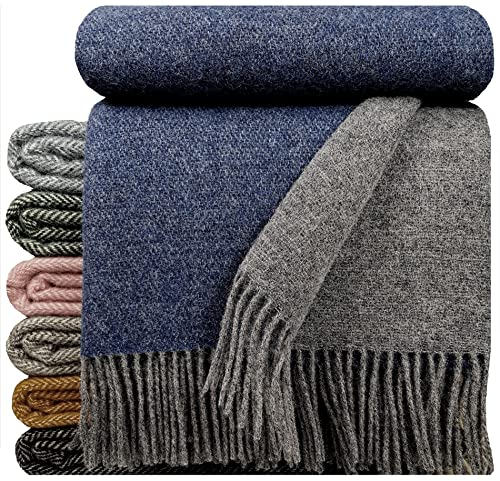 STTS International Wolldecke 100% Schurwolle Wohndecke in versch.Farben Tagesdecke Schurwolldecke Woll-Plaid Tirol (Dunkelblau-Grau (Double face 1), 140 x 200 cm)