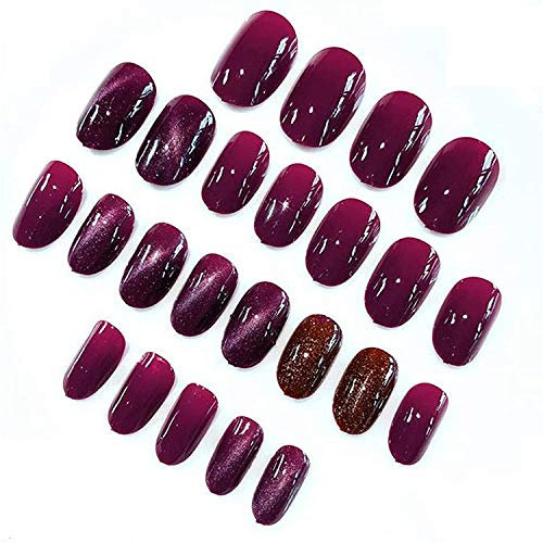 Mysterious Cat Eye Nail Patch With Jelly Gum 24Pcs,Shine Full Cover Art Design Fake Nails,Reusable Glue Nail Stickers for Professional Salons (Purple)