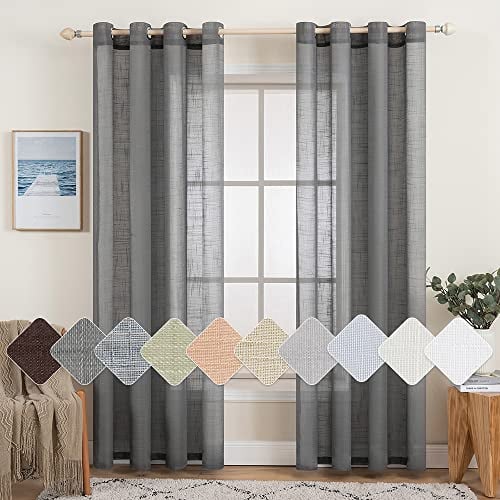 MIULEE Leinenoptik Voile Vorhänge Ösen 2er Dunkelgrau 140x215cm | Transparente Voile Vorhänge mit Leinenoptik & Ösen, lichtdurchlässig, modern dekorativ für Wohnzimmer und Schlafzimmer