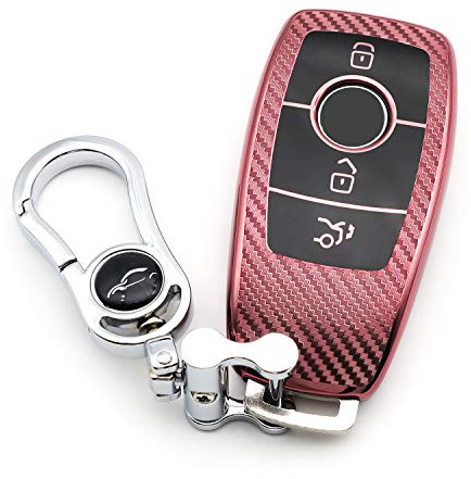 MJVisun Soft Carbon Fiber Key Fob Cover For Mercedes-Benz A, C, G, E, S Class - Electroplated TPU Case With Metal Keychain - Pink