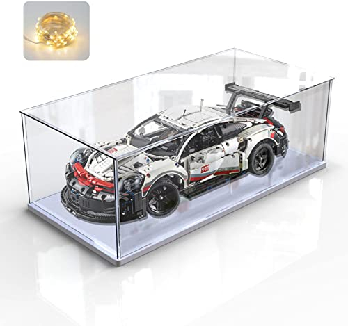 Acryl Vitrine Schaukasten für Lego 42172 McLaren P1 42143 42096 42156 42115 Modellautos Sammlerstücke, Glasvitrine Acrylbox Transparent Groß mit Holz-Kunststoff-Basis & Licht, Weiß Innen 60x30x20cm