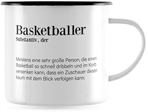 JUNIWORDS Emaille-Tasse, Definition: Basketballer, Schwarzer Tassenrand