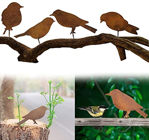 Gloryit Gartenstecker Rost Deko, 4 Stück, Edelrost Vögel Metall, Rost Deko für Garten, Vögel Gartenstecker mit Schraubgewinde, für Schraube zum Eindrehen in Holz, Garten Dekoration