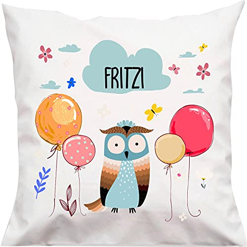 Kleckerliese Kinder Kissen Eule mit Wunschname Balon Regenbogen Balloons Kissenbezug Kissenhülle 40x40 cm