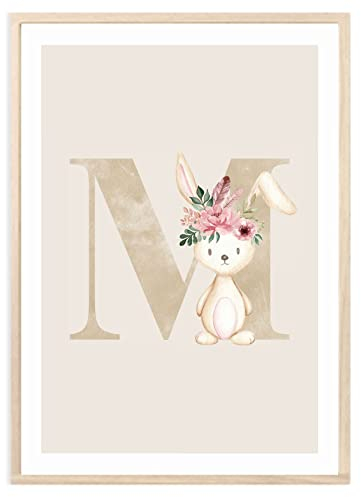 MeinBaby123® Buchstaben Poster DIN A4 Kinderzimmer Mädchen und Junge | Babyzimmer Deko | Bilder Kinderzimmer | Geschenkideen zur Geburt | Geburtsposter | Anfangsbuchstabe Poster M (Hase - M)