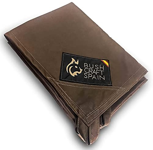 Bushcraft Spain -Tarp Oilskin Lona Algodón Encerado para Bushcraft Camping (2.5 x 1,5m) MARRÓN - Lona Impermeable de Supervivencia - Hecho en España