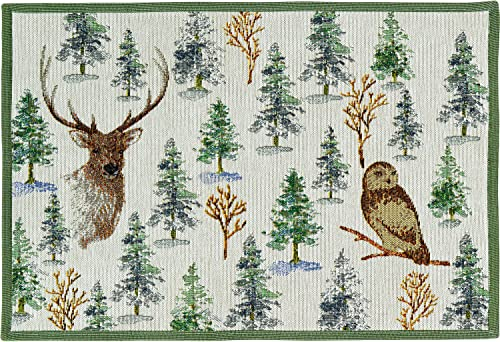 Sander Tischset Platzset Tuula Gobelin Herbst Winter Eule Hirsch Wald Tanne 32 x 48cm Artikel 68964 Creme grün weiß 70% Baumwolle Deckchen