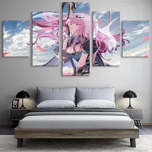 VEYEBZ 5 Stück Gerahmte Leinwand Malerei Kunst Abstrakte Modulare Poster 150×80Cm, Anime-Mädchen Hololive Mori Calliope Familie Schlafzimmer Wohnzimmer Dekor Möbel Hd Wandbild Drucken Geschenk