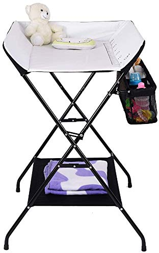 Wickeltisch, 3-in-1, Wickelkommode für Baby, von Geburt bis 12 Monate (bis 25 kg), Wickeltisch, faltbar, tragbar, Wickeltisch für Babys, mit 4 Rollen,79 x 55,5 x 96 cm (Schwarz-Weiß)