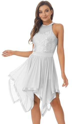 CHICTRY Ballettkleid Damen Glitzer Ärmellos Tanzkleid Mit Pailletten Neckholder Tanzbody Rückenfrei Trikot Asymetrisch Tüllrock Dancewear Weiß M