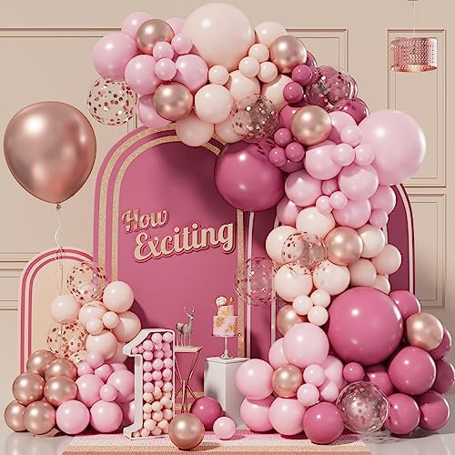 Conleke Dusty Rose Balloon Arch Kit, 152pcs Pink Garland Kit Gold Hot Pastel Orange Balloons Confetti for Wedding Birthday Party Bridal Shower Decorations, Medium