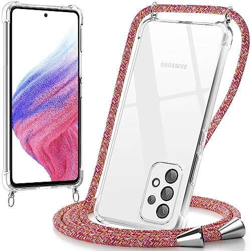 caslord Handyband für Samsung Galaxy A53 5G 6,5, Hülle mit Band zum Umhängen TPU Handyhülle [Stoßfest] [Kameraschutz] [Längenverstellbar] -Rot Rainbow