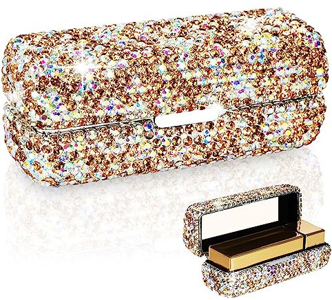 Adorila Lippenstift-Etui mit Spiegel, Kristall-Lippenstift-Organizer, Kristall-Lippenstift-Organizer für Reisen, tragbarer Lippenstift-Aufbewahrungsständer für Lipgloss(Gold)