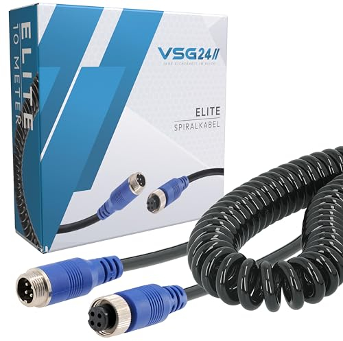 VSG24 Spiral Verlängerungskabel Elite für Rückfahrkamera & Rückfahrsysteme universell KFZ Kamera Kabel 4PIN / Polig für LKW Anhänger Traktor Wohnwagen Trailer Kabel & Wetterfest IP67-10 Meter