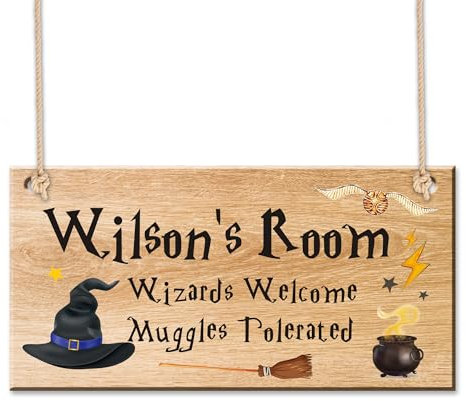 Personalised Wooden Room Gate Sign Wooden Hanging Gift Sign Plaque Magic Gift Bedroom Door Signs with Any Text Wizards Welcome Muggles Tolerated Sign Magic Wooden Plaque(Design 2)