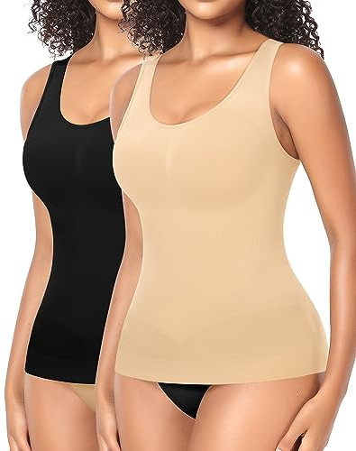 YARRCO Shape Unterhemd Damen Formende Tank Top Bauchweg Shapewear Sport Tanktop Figurformendes Trägertop Body Shaper Hemdchen Nahlos Camisole Shaping Hemd (Schwarz+Beige-Weite Träger, 2XL)