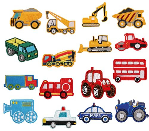 16PCS Kids Engineering Vehicle Fabric Iron on Patches for Jeans, Embroidered Appliques Patches Iron on Knee Patches for Kids Pants, DIY Decoration Fabric Patches for Clothes Hats Jackets Backpacks