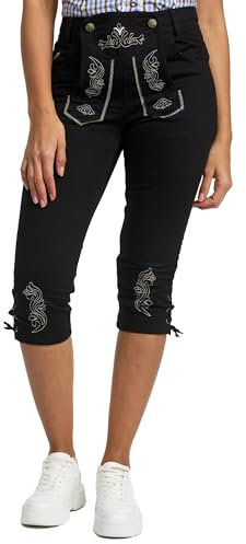 Steigenhöfer Kurze Jeans Damen Trachtenjeans im Lederhosen Look - Kurze Hose Damen - Kniebund Hose für Oktoberfest und andere Festlichkeiten, Bequeme Passform Dank Stretch Einsatz - Denim Schwarz - S