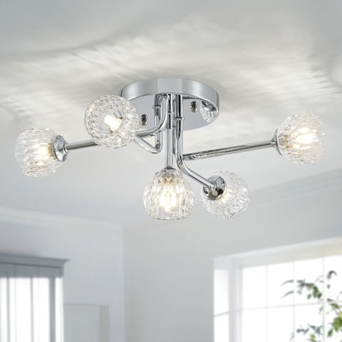 SHRINE LIGHTING Kristall-Deckenleuchte, Moderner Stil, Perfekte Halbflächenbündige Deckenleuchte für Wohnraum, D33 x H21.5cm, G9-Sockel 5-Lampen, Chrom-Finish