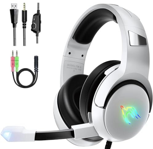 YINSAN Gaming Headset for PS4 PS5 Xbox Series X|S Xbox One Nintendo Switch PC, Over Ear Wired Gaming Headphones with Stereo Surround Sound RGB Light Noise Cancelling Mic Flip-to-Mute Button, White
