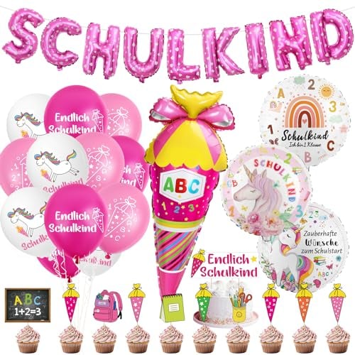 Einschulung Deko Set für Mädchen - Schuleinführung Schulanfang mit Schulkind Folienballon Banner, Zuckertüte Folienballon, 18 Luftballons und 12 Tortendeko