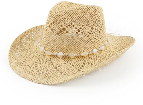 Michear Cowboy Hats for Women Mens Straw Hat Woven Straw Western Straw Cowboy Hat Women with Beaded Trim Shapeable Brim Women's Cowboy Hats for Party Beach