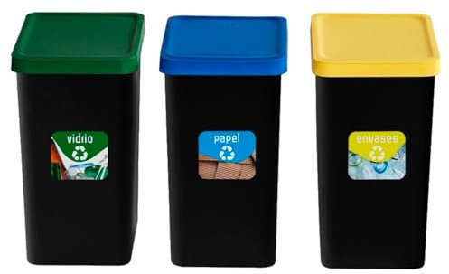 Tradineur - Set de 3 Cubos de Reciclaje - Verde (Vidrio), Amarillo (Envases) y Azul (Papel) - Capacidad: 28 litros - Plástico - Cubos para Almacenamiento de Basura - 46 x 25 x 35 cm