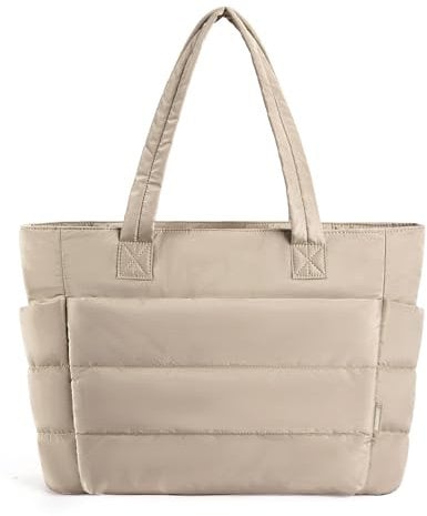 bagsmart Handtasche Damen Puffy Tote Bag Shopper Tasche, 20L Einkaufstasche Laptoptasche Schultertasche, Leichte Umhängetasche für Arbeit Reise Shopping Schule, Grau